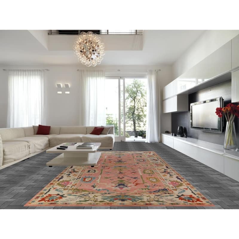 Pink Ivory Oushak Indian Large Rug Handmade Wool Carpet - 8'9" x 17'9"