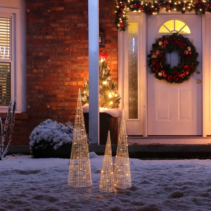 Glitzhome Set of 3 Lighted Christmas Plastic Tree with 65 Warm White LED Lights - Christmas Tree