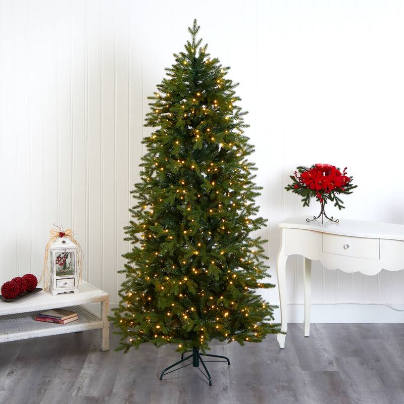 7’ Pre-Lit Belgium Fir Artificial Christmas Tree, Warm Clear LED Lights - 7 Foot
