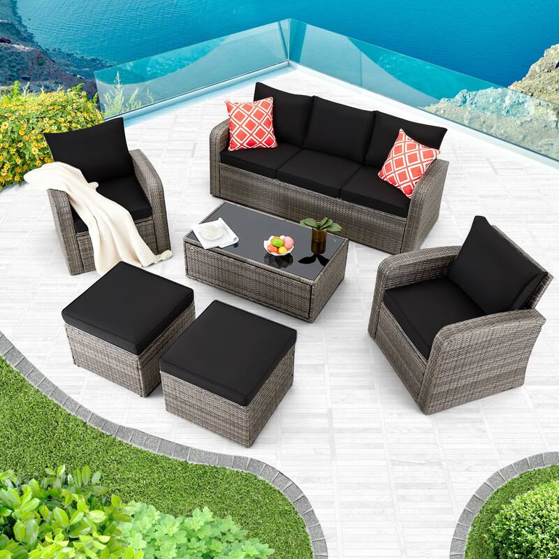 6-Piece Rattan Patio Set with Fire Pit Table, Outdoor Conversation Set with Cushions, Weather-Resistant Sofa Sectional - 6-Piece - Black