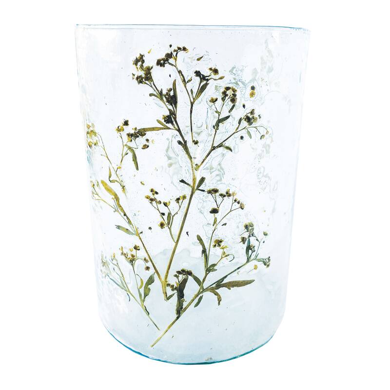 Reclaimed Glass Votive Holder with Natural Botanicals - 4.0"L x 4.0"W x 5.0"H