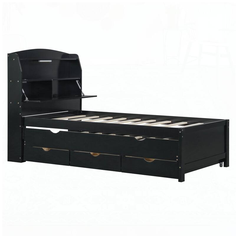 Wooden LED Platform Bed with Trundle