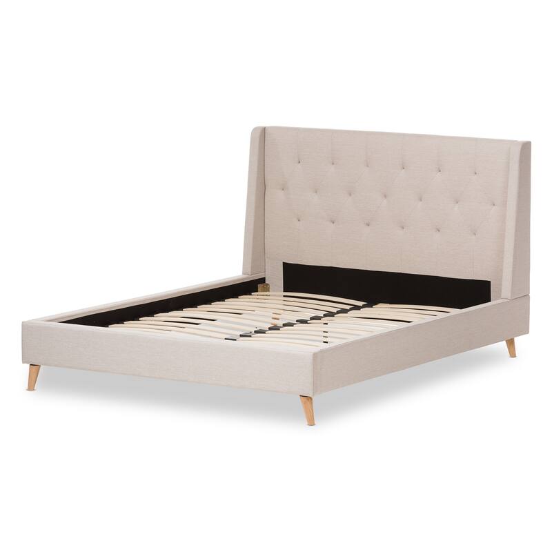 King Size Platform Bed with Winged Headboard - Upholstered Fabric Bed Frame - Beige Bedroom Furniture