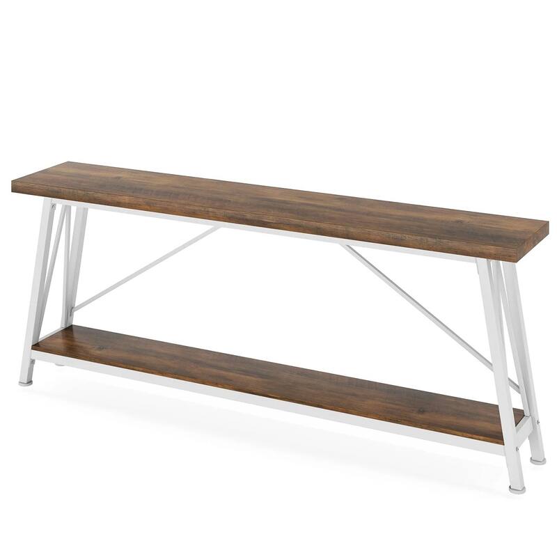 Heavy Duty 70-inch Industrial Brown Wood Top Sofa Table with White Metal Frame - Black