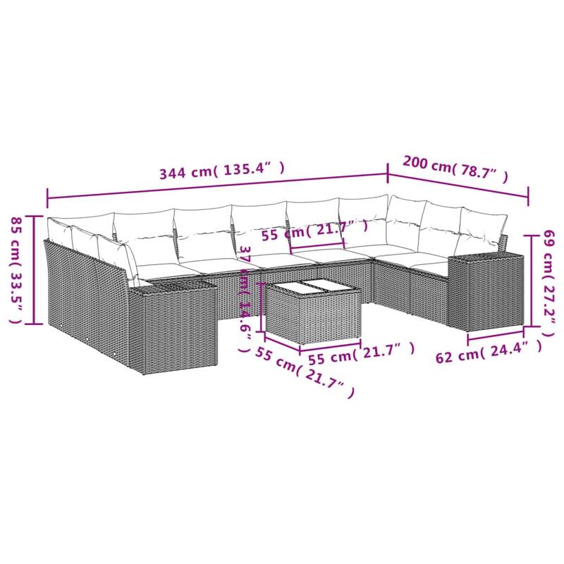 vidaXL Garden Sofa Set Black - 24.4 x 32.7 x 27.2
