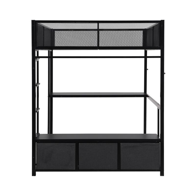 Full Size Gaming Loft Bed with Desk and LED Lights, Metal Loft Bed Frame w/ 3 Linen Storage Drawers, Open Wardrobe & Ladder