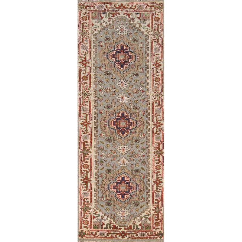 Gray Geometric Heriz Serapi Indian Runner Rug Handmade Wool Carpet - 2'5" x 8'0"