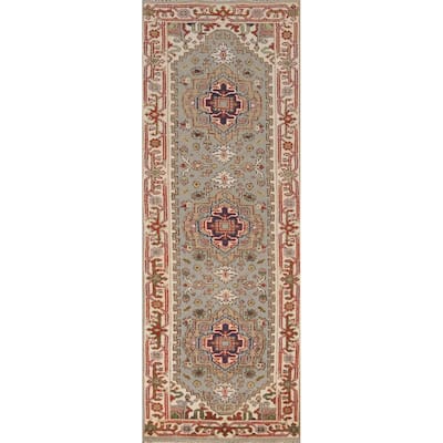 Gray Geometric Heriz Serapi Indian Runner Rug Handmade Wool Carpet - 2'5" x 8'0"