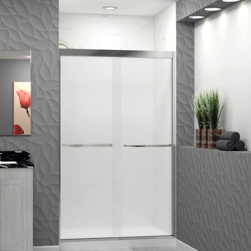 Frederick 47 in. W x 76 in. H Sliding Semi-Frameless Shower Door in Brushed Nickel with Frosted Glass - 48 x 76 - 48 x 76 - Polished Chrome