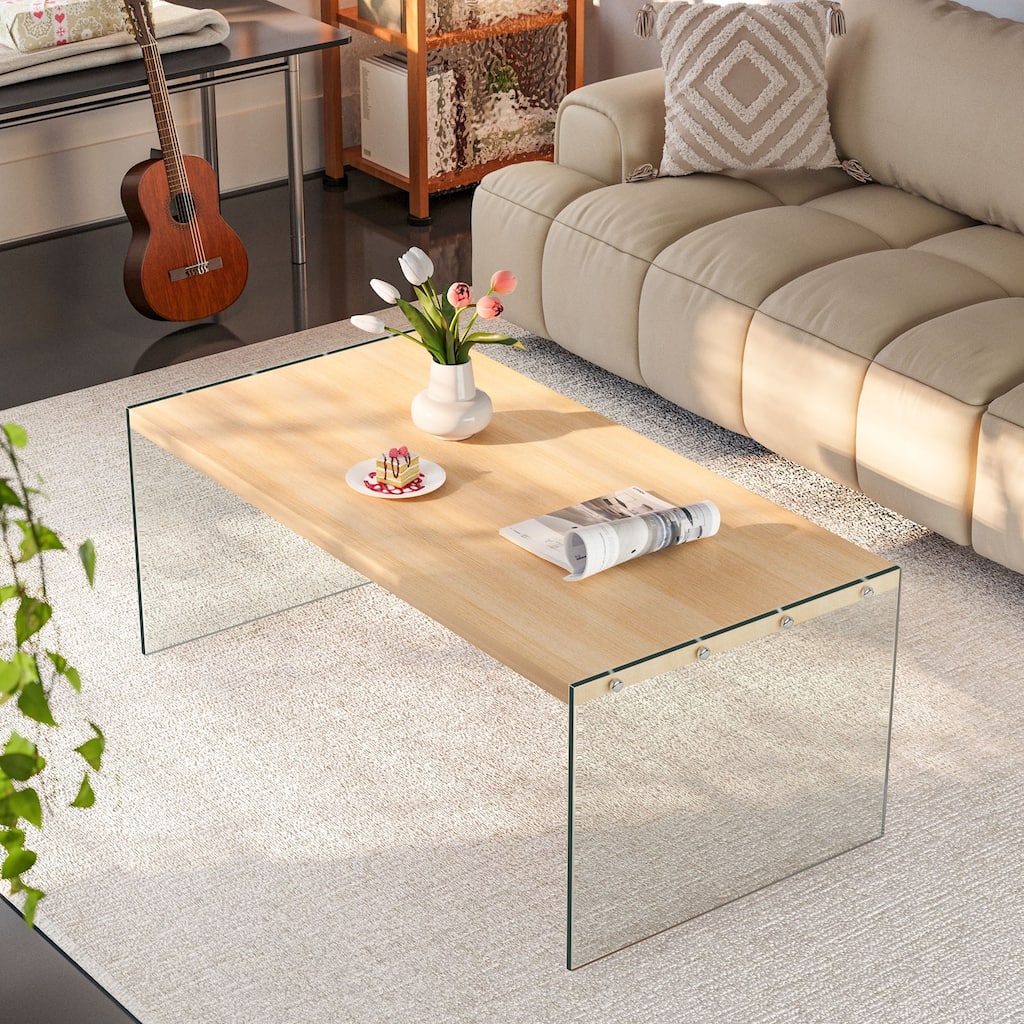 Modern Tempered Glass Coffee Table Floating Wood Tabletop - 48" L x 24" W x 18" H