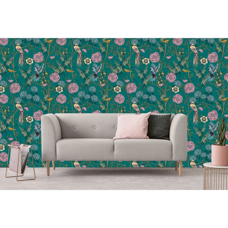 Pine Floral and Birds Peel and Stick Wallpaper - 10'ft H x 24''inch W