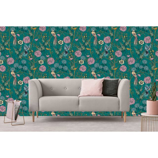 Pine Floral and Birds Peel and Stick Wallpaper - 10'ft H x 24''inch W