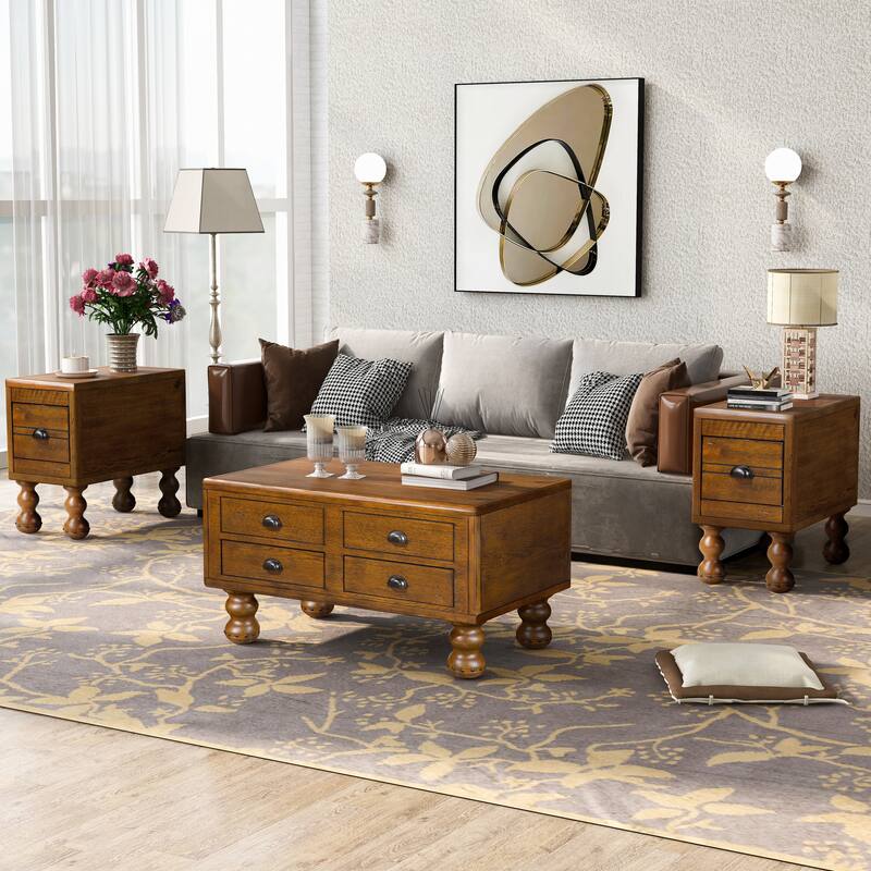 Solid Wood End Table, Rectangle 23.6 inch Narrow Side Table with Drawer, Vintage Bedside - Antique brown