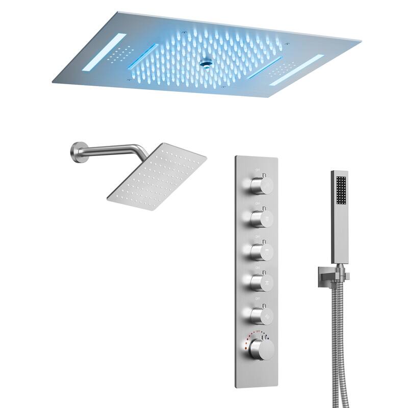 Dual Shower Heads System with 3 Spray Modes 22"*15" Ceiling and 6" Wall Mount Body Jets Handheld Spray LED Music