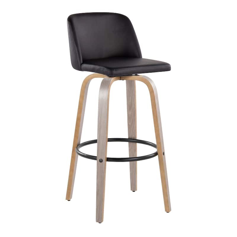 The Gray Barn Vallberga 30" Fixed-Height Bar Stool with Light Grey Wood Base (Set of 2) - Black Faux Leather/Round Black Footrest