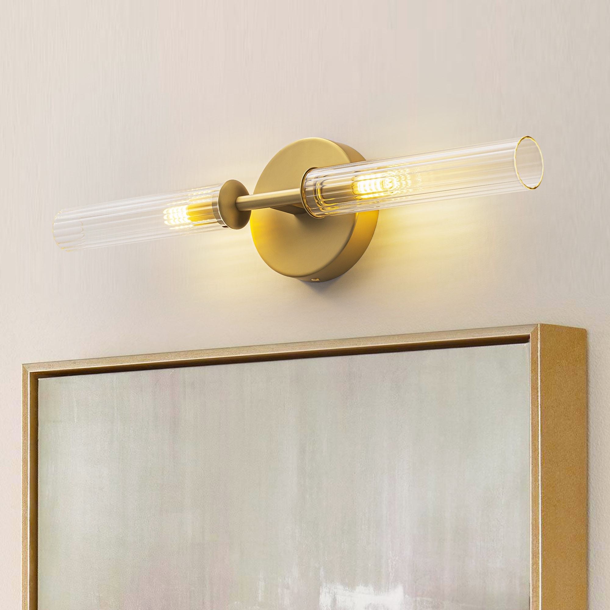 2-Light Mid-Century Modern Brushed Gold/Matte Black Finish Linear Vanity Light with Clear Striped Glass for Bathroom