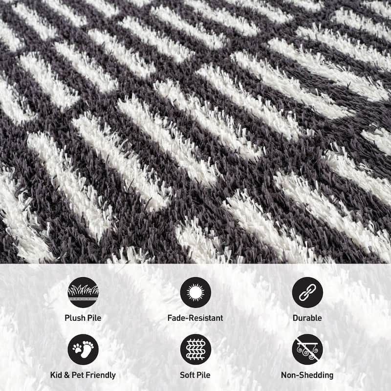 Bohemian Stripe Lines Shag Rug - Textured Surface - Anthracite Dark Gray - Easy to Clean