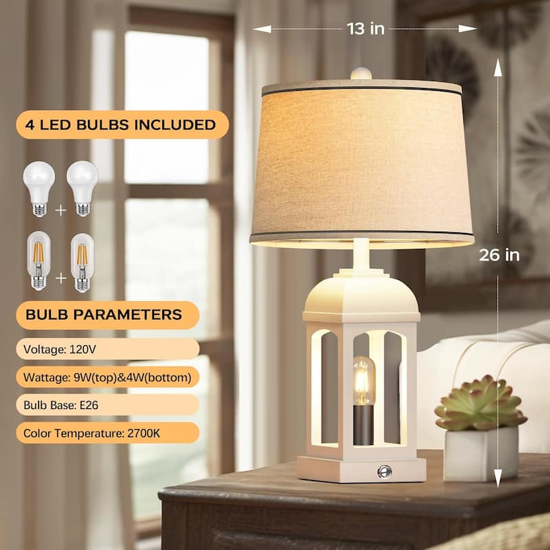 Table Lamp,Farmhouse Lamps Set of 2 with USB A+C and Nightlight,26" with 3-Way Dimmable Touch Control,Nightstand Lamp,Wood Grain