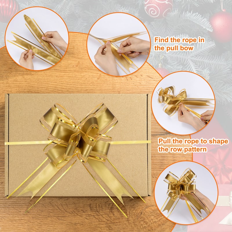 20pcs Ribbon Pull Bows 8 Inch Bows for Wedding Baskets Gold Edge