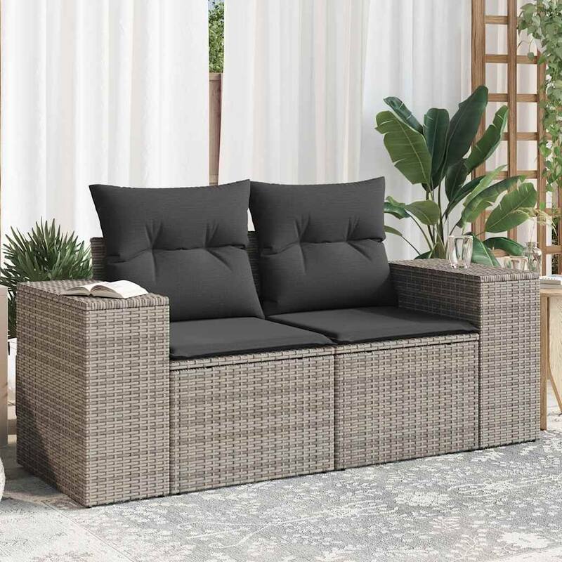 vidaXL Patio Sofa with Cushions 2-Seater Modular Couch Loveseat Poly Rattan - 24.4 x 73.2 x 27.2 in - Gray with storage