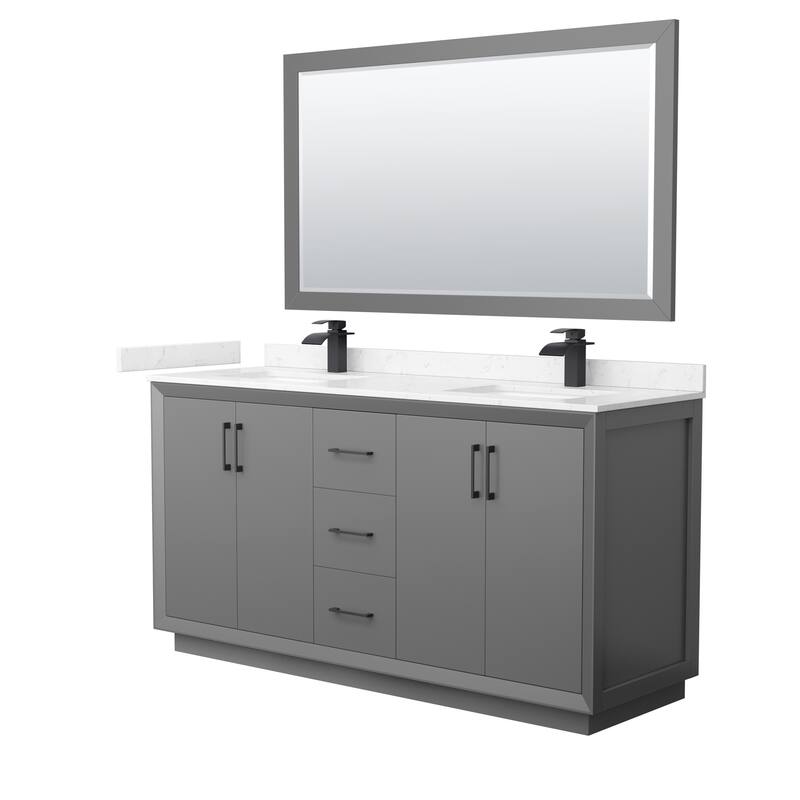 Strada 66-Inch Double Vanity Set, Cultured Marble Top, 58-Inch Mirror - Dark Gray, Black Trim, Carrara Cultured Marble Top