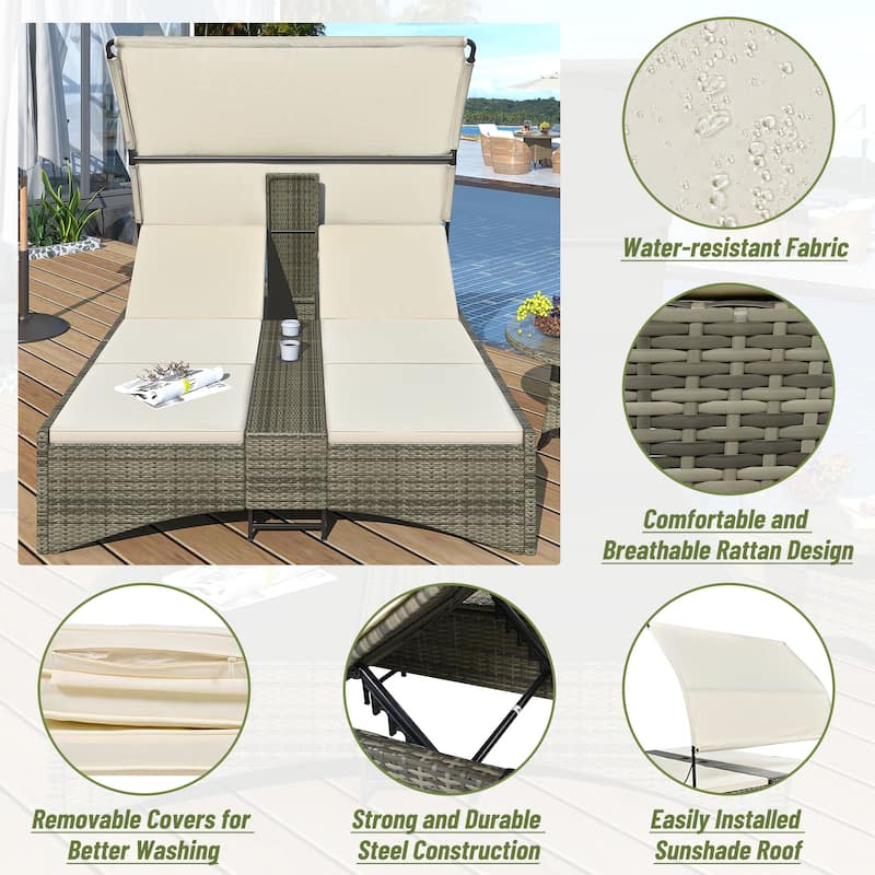 MERAX Outdoor Rattan Sun Lounger with Shelter Roof, Adjustable Backrest