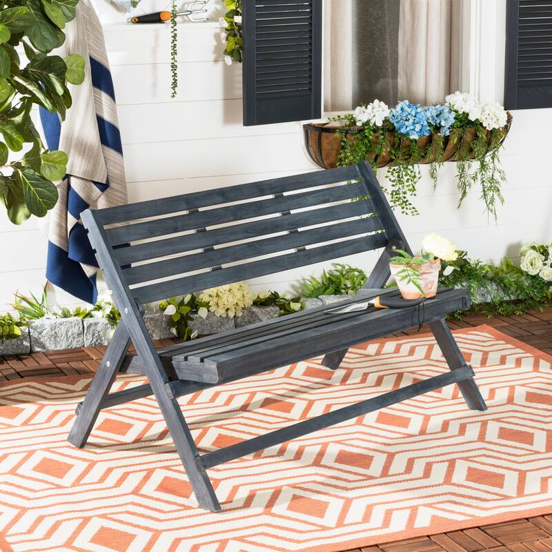 SAFAVIEH Outdoor Sherilyn Ash Grey Folding Bench - 48Wx24Dx32H - Dark Slate Grey