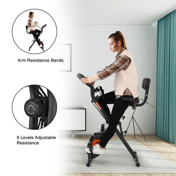 Folding exercise bike top with arm resistance bands