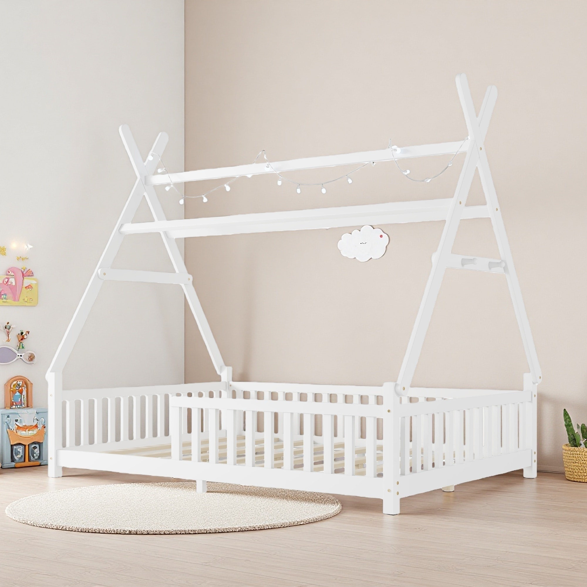 Full Wood House Platform Bed with Roof & LED Light