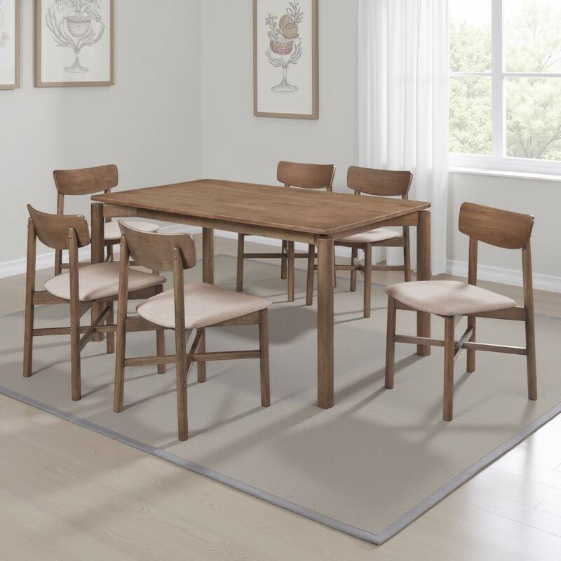 Rida 7pc Dining Table Set w 6 Upholstered Chairs, Natural Walnut Brown