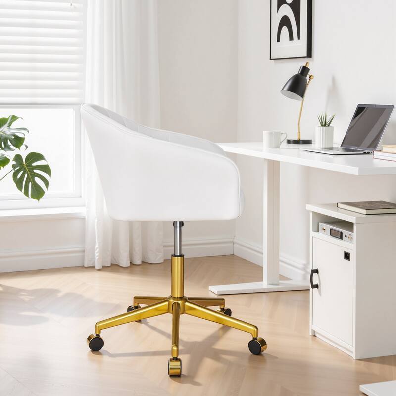 VECELO White Velvet Swivel Accent Chair with Adjustable Height Gold Base 360° Swivel Armchair for Living Room Bedroom Office