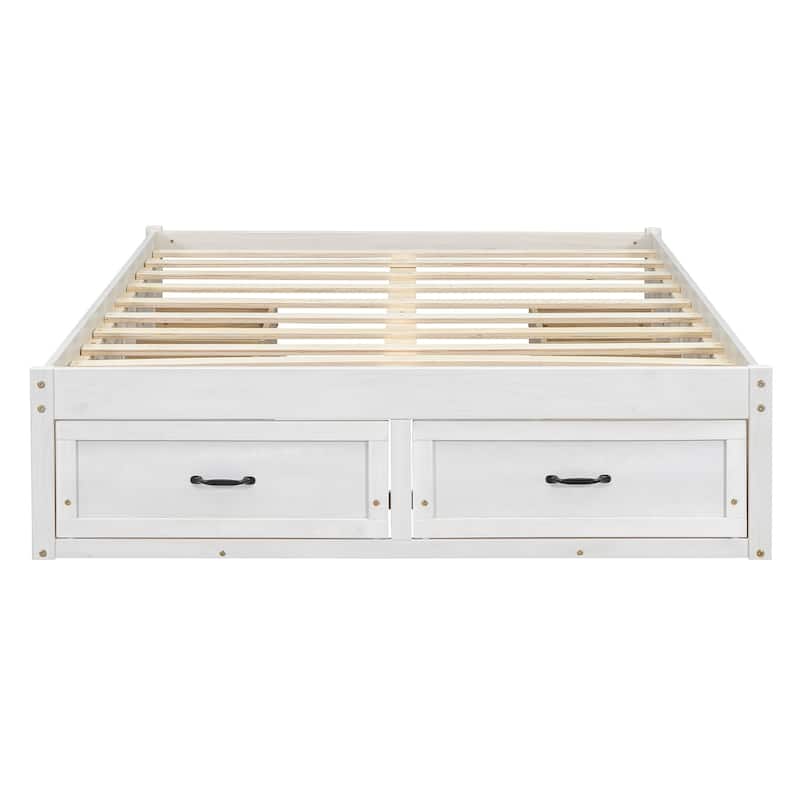 Queen Size Platform Bed Frame with 6 Built-In Storage Drawers, No Headboard, Low Profile Design in Antique