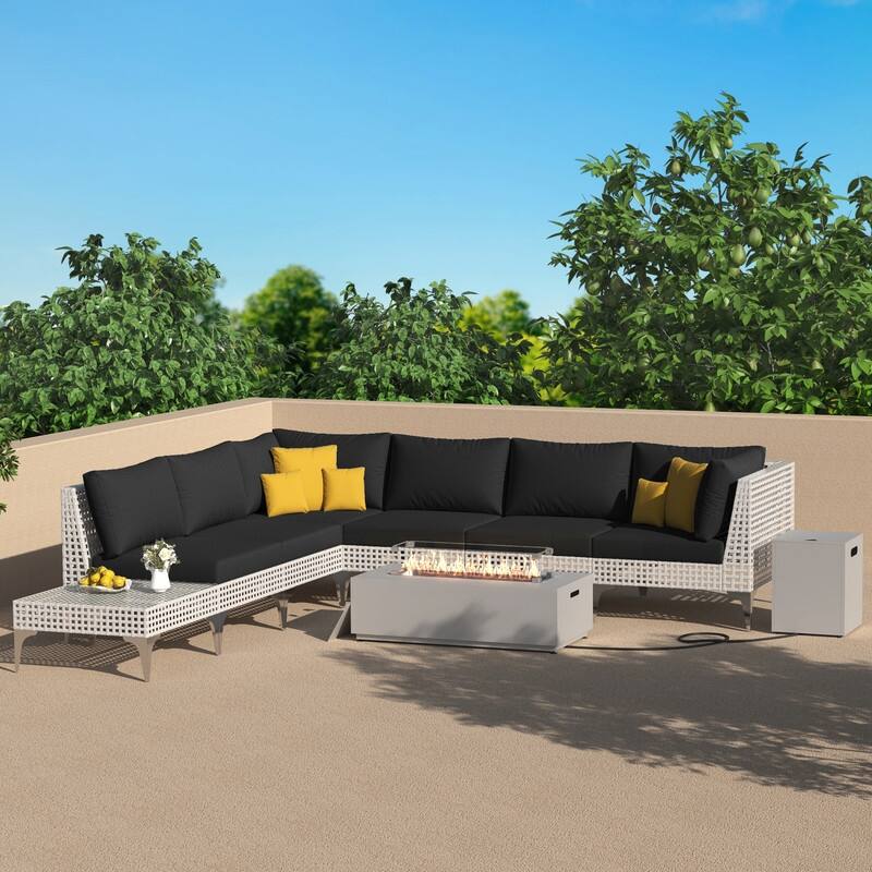 FINCATI Oversized Outdoor Furniture with Rectangular Fire Pit Table, 9-piece Luxurious High-back Patio Wicker Conversation Set - Black