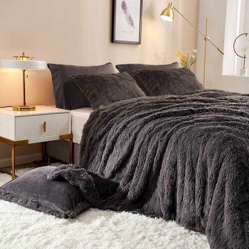Plush Fluffy Shaggy Crystal Velvet Duvet Cover - Dark Grey - Queen