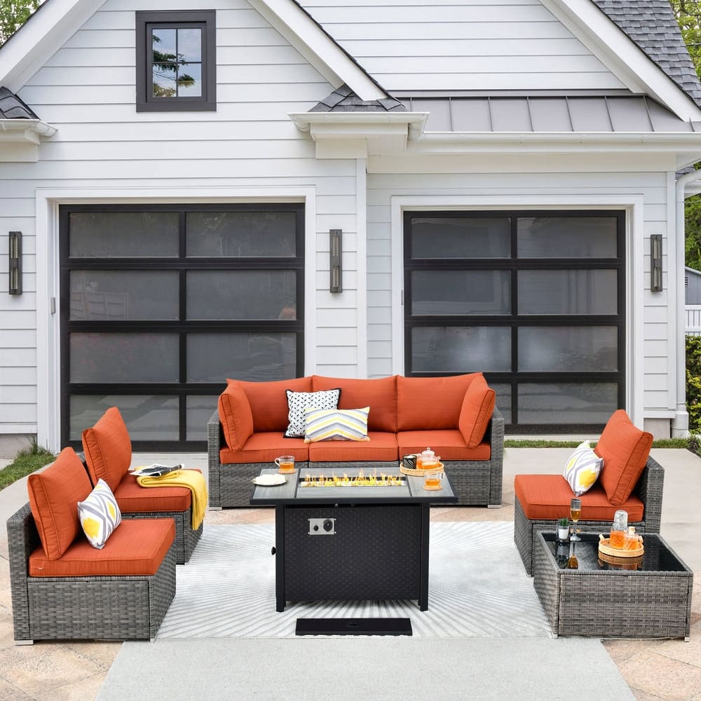 XIZZI 8-Piece Patio Wicker Furniture Sectional Set with Fire Table