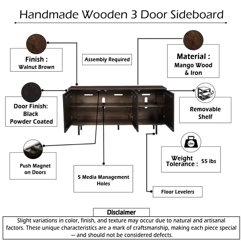 64 Inch Cosmo TV Stand Console, 3-Door Cabinet, Dark Walnut Brown & Black Mango Wood