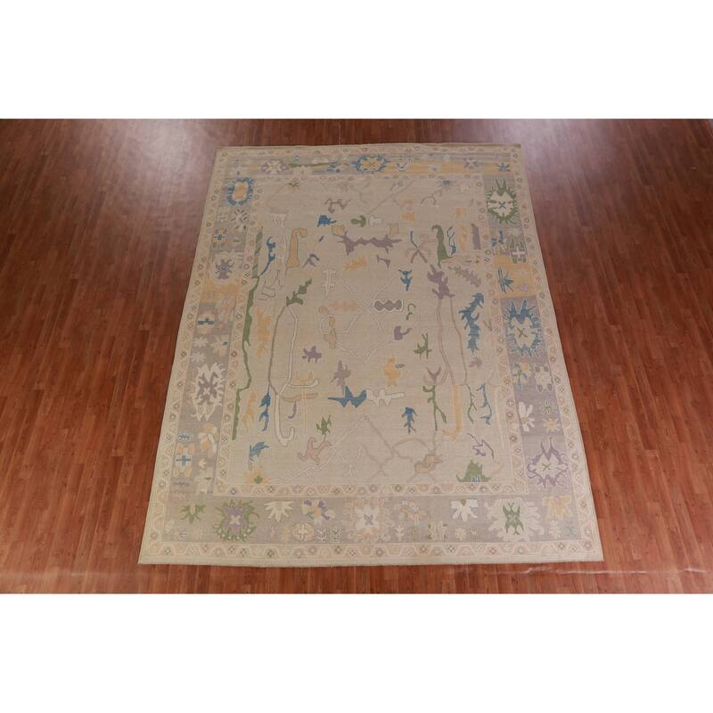 Hand Knotted Oriental 100% Wool Carpet Transitional All-Over Beige & Ivories Oushak Area Rug - 12' 3'' X 9' 4''