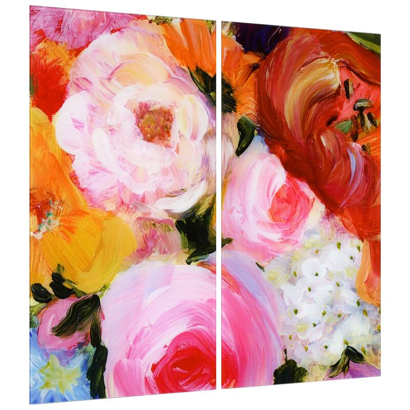 "Blossoms in Rouge & Blush" Oversized 72"x 36" Frameless Free-Floating Reverse Printed Tempered Art Glass Panels Set