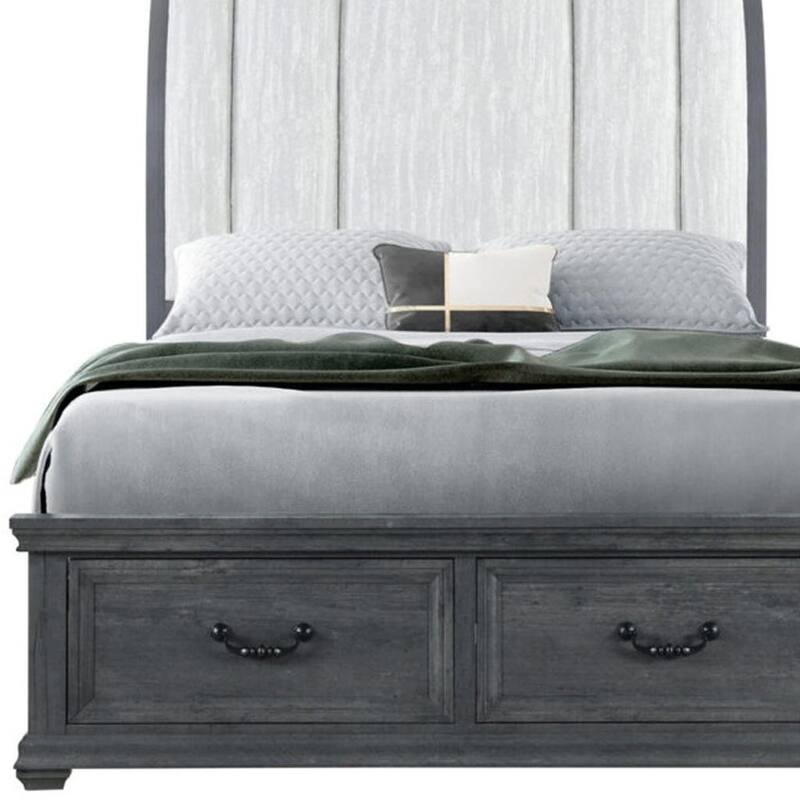 HomeRoots Gray Distressed Wood And Upholstery Queen Bed Frame With Drawers