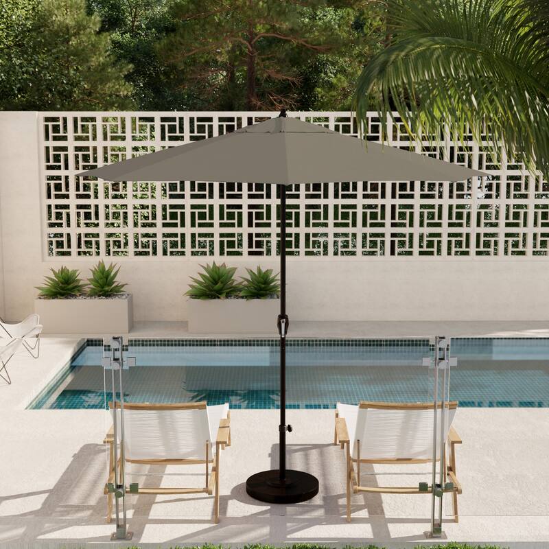 California Umbrella 9' Round Crank Lift Auto Tilt 8 Rib Aluminum Patio Umbrella, Bronze Finish, Pacifica Pacific Blue Fabric - Taupe