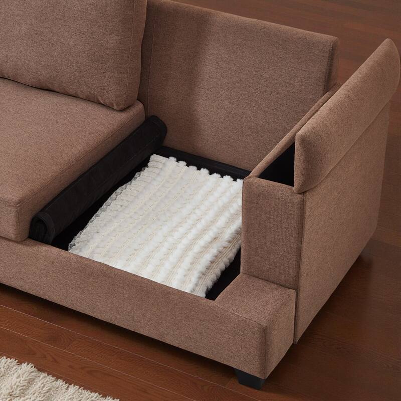 86" L-Shaped Sectional Sofa with Armrest Storage, Movable Ottoman, Thick Cushions, Linen Upholstery for Living Room