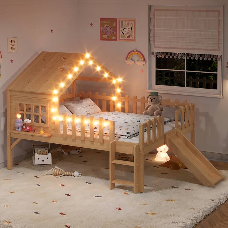 House Loft Bed with Slide and LED Lights, Kids Playhouse Bed with Star & Moon Cutout Roof and Window, Low Loft Bed - Natural - Full