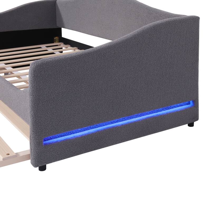 Twin Size Comfort & Soft Daybed with LED & Trundle, Curve Design, Gray