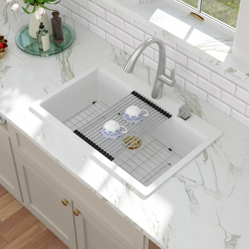 Kichae Granite Composite Drop-in Sink 33 inch White Workstation Sink - 33"x22"x10"