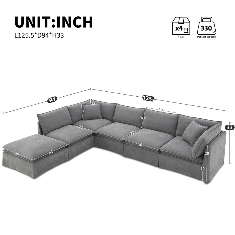 125.5" Chenille Modular 6-Seat Sectional Sofa with Movable Ottoman, Cloud Foam Cushions, and Free Combination Design