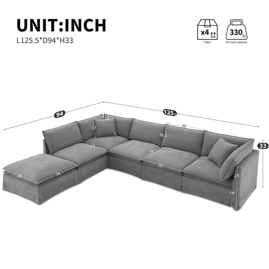 L Shape Modular Sectional Sofa with Ottoman, Oversized Chenille Upholstered 6-Seat Sofa, High Density Sponge Corner Sofa