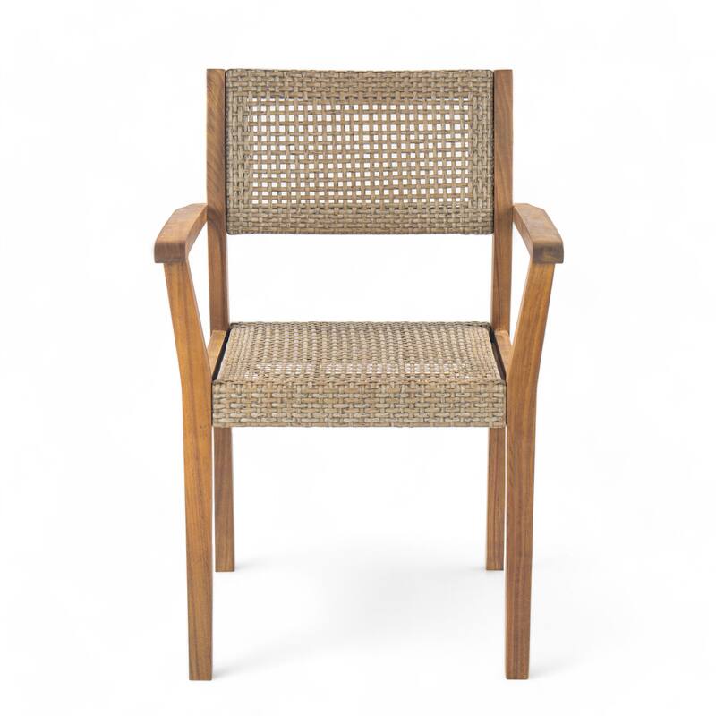 Roomfitters Amaris Outdoor Acacia Wood Dining Chairs with Wicker Accents, Teak Finish Set of 2
