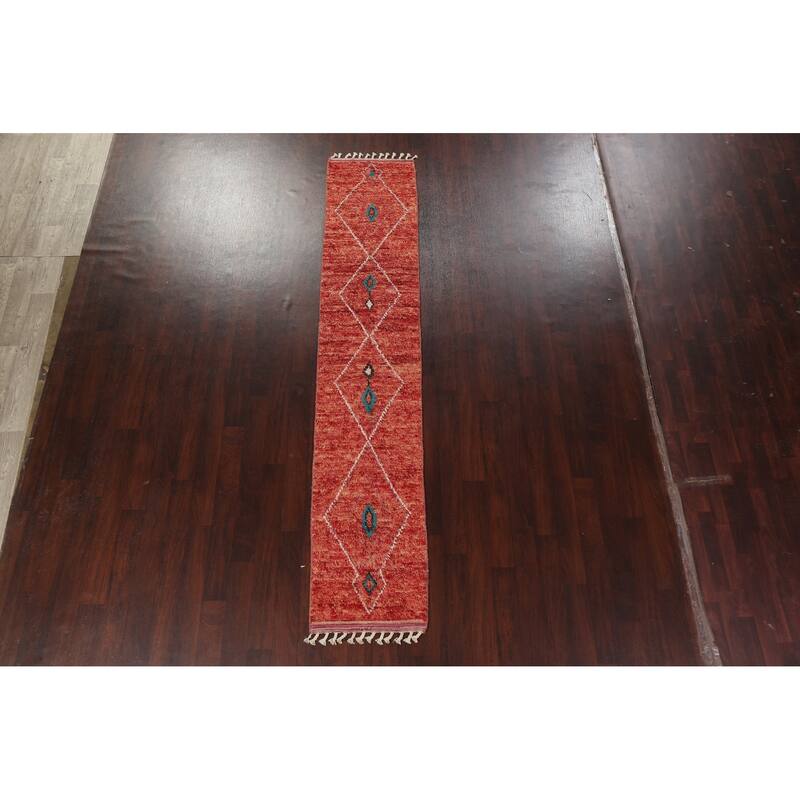 Geometric Tribal Moroccan Wool Runner Rug Hand-knotted Oriental Carpet - 2'1" x 11'2"