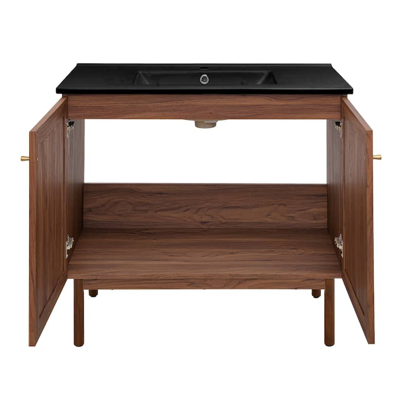 Classe 36 In. Brown Oak Bathroom Vanity With Black Ceramic Sink Top