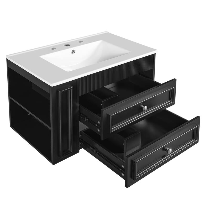 30'' Wall Mounted Bathroom Vanity with Integrated Sink, Floating Bathroom Storage Cabinet with 2 Drawers & Side Shelf